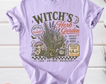 Witch’s Herb Garden Comfort Colors, Retro Witchy Botanical Tee, Fall Halloween Mushroom Plant Lover