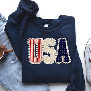 USA Preppy Coquette Patchwork Sweatshirt: 4th of July Crewneck, Independence Day Apparel