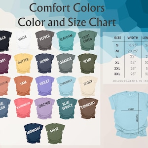 Op de afbeelding: Kleur- en maattabel voor Comfort Colors t-shirts. De tabel toont verschillende shirtkleuren, waaronder zwart, wit en berry. De afmetingen worden in inches weergegeven voor de maten S tot en met 3XL, met borst- en lengtematen.