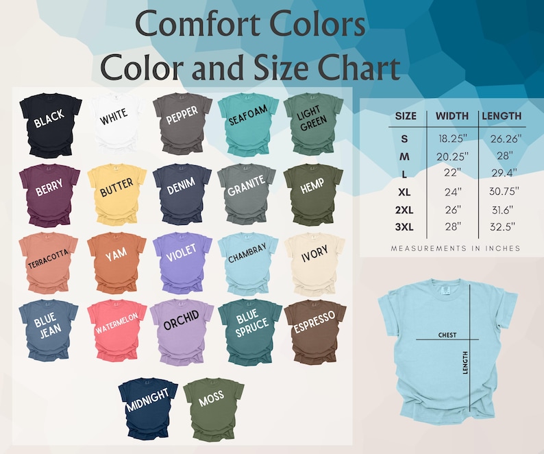 Op de afbeelding: Kleur- en maattabel voor Comfort Colors t-shirts. De tabel toont verschillende shirtkleuren, waaronder zwart, wit en berry. De afmetingen worden in inches weergegeven voor de maten S tot en met 3XL, met borst- en lengtematen.