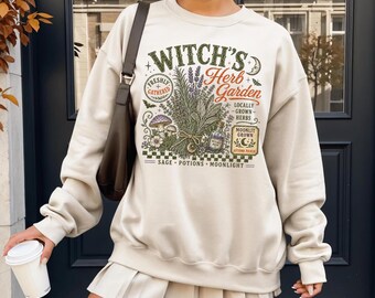 Witch’s Herb Garden Sweatshirt, Retro Witchy Botanical Sweater, Fall Halloween Mushroom Plant Lover Crewneck