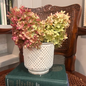 May include: A white ceramic planter with a raised diamond-shaped lattice pattern and small floral accents, containing a large bouquet of dried hydrangea flowers in shades of muted pink, pale green, and cream, resting on two stacked hardcover books.