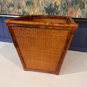 Vintage "Tortoise Shell" Faux Burnt Bamboo Planter / Wastebasket