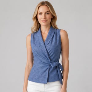 May include: A sleeveless blue wrap top featuring a wide shawl collar and a side tie closure. The garment is crafted from a textured fabric with a subtle crosshatch pattern, creating a structured silhouette that cinches at the waist with a bow.