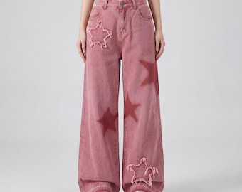 Jeans da donna rosa con stella applicata / Pantaloni in denim larghi a vita alta / Jeans da strada dalla vestibilità ampia