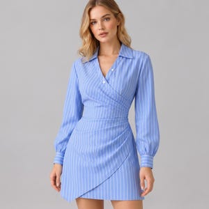 Striped Wrap Mini Dress | V Neck Tailored Office Dress | Long Sleeve Ruched Shirt Dress | Preppy Work Date Night Outfit for Women