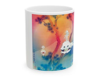 Taza de cerámica con collage de dibujos amarillos