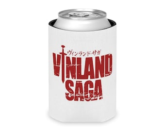 Enfriador de latas con logo de Vinland Saga / Funda para bebidas con diseño de anime, texto rojo.