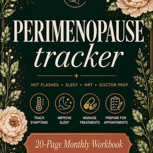 Könnte beinhalten: Ein dunkelgrünes Perimenopause-Tracker-Arbeitsbuch mit floralen Akzenten und dem Titel "PERIMENOPAUSE tracker". Enthält Abschnitte zur Verfolgung von Symptomen, zur Verbesserung des Schlafs, zum Management von Behandlungen und zur Vorbereitung auf Termine.
