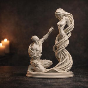 May include: A white sculpture of a kneeling figure reaching towards a standing figure with flowing hair, wrapped in swirling fabric. Lit candles are in the background, creating a warm ambiance.