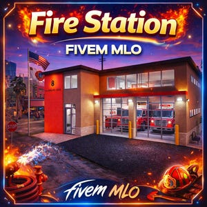 May include: A digital illustration of a fire station with the text "Fire Station" and "FiveM MLO" in gold and white. The building has red fire trucks inside, with an American flag waving outside. A fire hydrant and helmet are in the foreground.