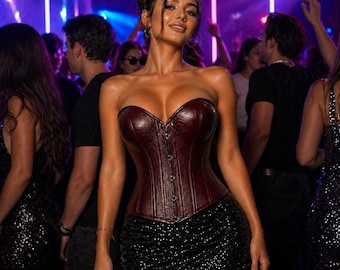 Haut bustier bustier bustier en cuir bordeaux fait main pour femme