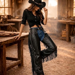 May include: Black leather chaps with fringe and decorative stitching. The chaps are worn over blue jeans. A black button-down shirt is tied at the waist. A black cowboy hat with a decorative band completes the western look.