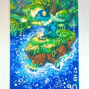 May include: A rectangular trading card featuring a painted illustration of a blue frog-like creature with a white neck ruff sitting on a grassy island in a blue stream. The card includes the text EH 26 and the number 90 in the bottom right corner.