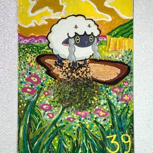 Wooloo, das draußen in einem Feld hängt.