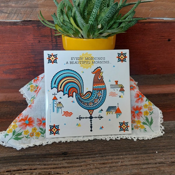 Vintage Berggren ceramic trivet tile 1963 Swedish folk art 6x6, Every Morning's a Beautiful Morning...