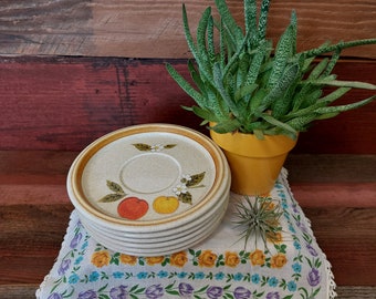 Vintage Mikasa Stone Manor, 6.5" saucer plate, set of 6. F5812, Apples, leaves and Apple blossoms