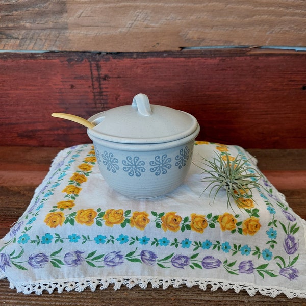 Vintage stoneware sugar bowl with sunburst pattern and Tupperware spoon.