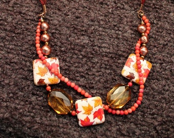 Cute Fall Necklace Red Brown Gold Copper Autumn Leaves Necklace Mixed Materials Necklace  free shipping