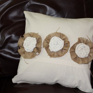 Shabby Cottage Decor Burlap Roses Duck Cloth Pillow Cover Off White 18 x 18 Cotton Twill Canvas free shipping image 1