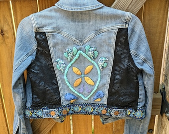 Upcycled Denim Jacket  BOHO OOAK Hand Embroidery Ladies Small Mossimo