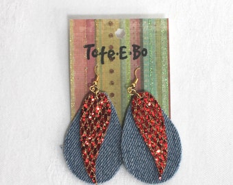 Lightweight Denim and Glittered Canvas Earrings Glittery Bling Statement Teardrop Tote E Bo  free shipping