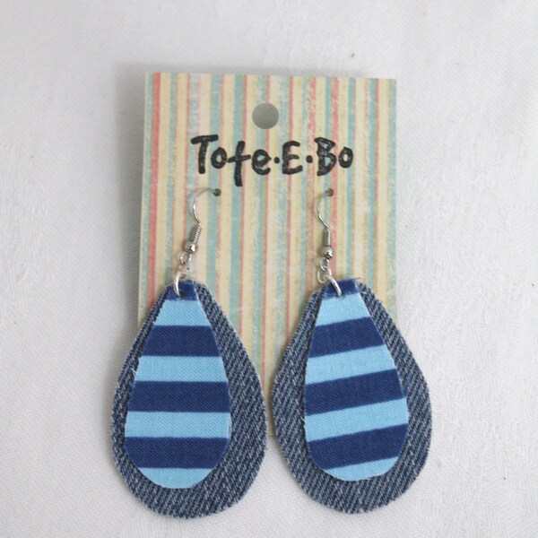 Lightweight Recycled Upcycled Denim and Canvas Earrings Stripes Nautical Statement Teardrop  free shipping