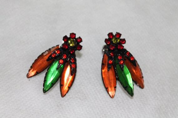 Pair of Vintage Clip On Earrings Orange Green - image 1