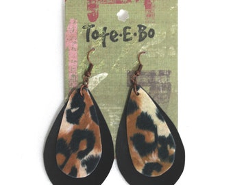Lightweight Flannel and Vinyl Black and Cheetah Print Earrings Glittery Bling Statement DoubleTeardrop  free shipping