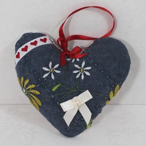 Recycled Quilted Denim Heart Ornament Valentine&#39;s Gift  free shipping