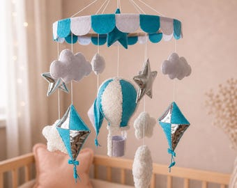 Baby Mobile Hot Air Balloon, Crib Mobile Boy, Nursery Mobile Blue White Silver, Felt Baby Mobile, Cloud Star Mobile, Baby Shower Gift