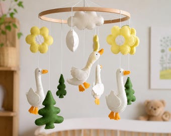 Ganzenbabymobiel, Bosmotief wiegmobiel, Vilten babykamermobiel, Babymobiel neutrale babykamerdecoratie, Bosbabymobiel, Kraamcadeau