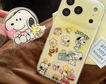 Cute Snoopy & Woodstock Magnetic Phone Case with Snoopy Pop Socket, Kawaii Yellow MagSafe Case for iPhone 17 Pro Max, iPhone 16/15 Pro Max