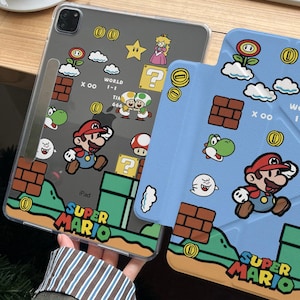 Super Mario magnetiskt avtagbart iPad-skal med pennhållare, Y-format vikbart stativ, genomskinligt akrylbakstycke, kawaii-skal till spelsurfplatta