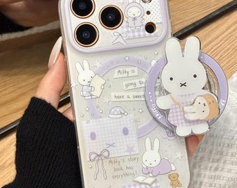 Cute Miffy Purple Gingham Magnetic Phone Case with Miffy Pop Socket, Kawaii MagSafe Case for iPhone 17 Pro Max, iPhone 16 Pro Max, iPhone 15