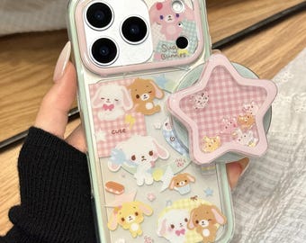 Cute Sugar Bunnies Magnetic Phone Case with Pink Star Shaker Pop Socket, Kawaii Mint Green MagSafe Case for iPhone 17 Pro Max, iPhone 17 Pro