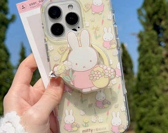 Cute Miffy Flower Magnetic Phone Case with Miffy Pop Socket, Kawaii Rabbit Yellow MagSafe Case for iPhone 17 Pro Max,iPhone 16 15 14 Pro Max
