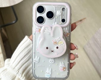 Cute Bunny Light Pink Magnetic Phone Case with Bunny Shaker Pop Socket, Kawaii MagSafe Case for iPhone 17 Pro Max,iPhone 16 15 14 13 Pro Max