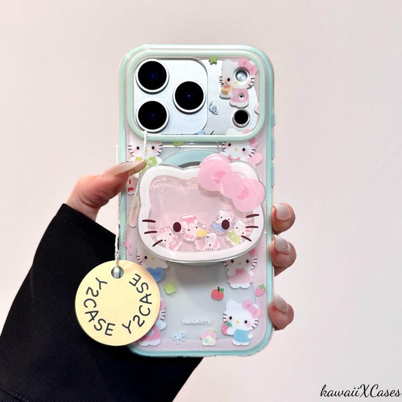 Cute Hello Kitty Magnetic Phone Case with Hello Kitty Shaker Pop Socket, Kawaii Pink MagSafe Case for iPhone 17 Pro Max, iPhone 16 Pro Magnetic Case + Grip