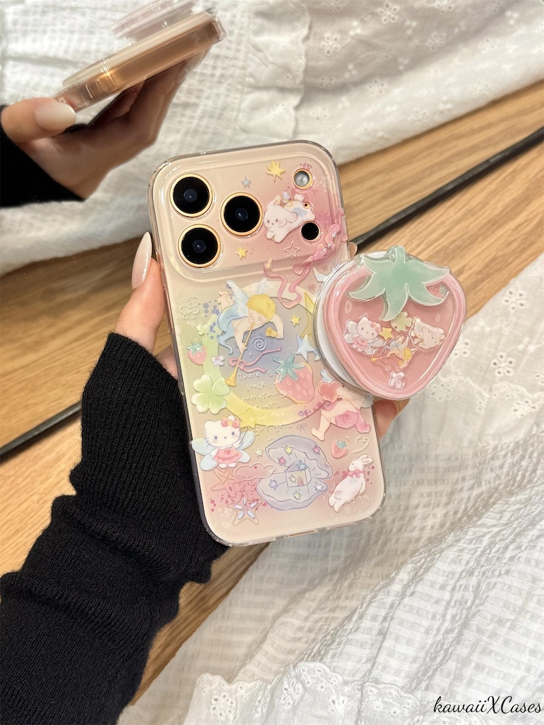 Sött Hello Kitty magnetiskt mobilskal med jordgubbsshaker-popcornuttag, rosa gradient MagSafe-skal för iPhone 17 Pro Max, iPhone 16 Pro Max Magnetic Case + Grip