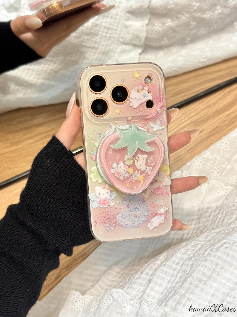 Sött Hello Kitty magnetiskt mobilskal med jordgubbsshaker-popcornuttag, rosa gradient MagSafe-skal för iPhone 17 Pro Max, iPhone 16 Pro Max bild 2