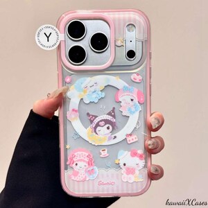 Cute Hello Kitty Party Magnetic Phone Case with Hello Kitty Shaker Pop Socket, Kawaii Pink MagSafe Case for iPhone 17 Pro Max, iPhone 16 Pro Magnetic Case Only
