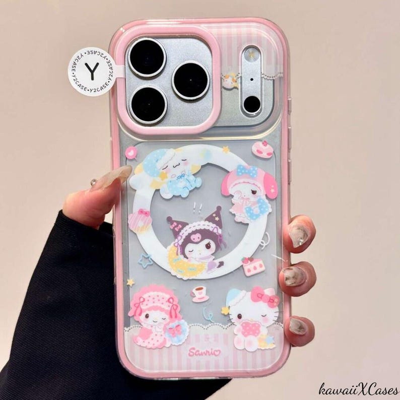 Cute Hello Kitty Party Magnetic Phone Case with Hello Kitty Shaker Pop Socket, Kawaii Pink MagSafe Case for iPhone 17 Pro Max, iPhone 16 Pro Magnetic Case Only