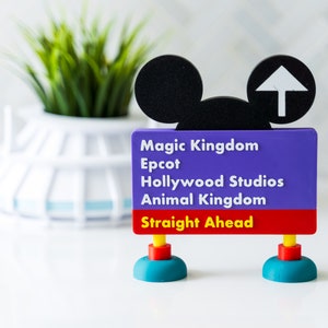 May include: A purple sign with Mickey Mouse ears and an arrow pointing up. The sign reads "Magic Kingdom, Epcot, Hollywood Studios, Animal Kingdom, Straight Ahead".