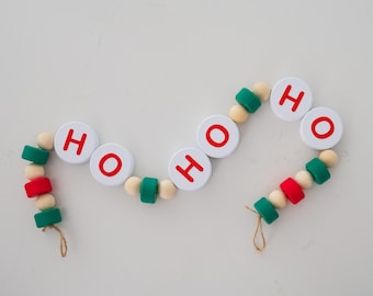 Ho Ho Ho Garland | Friendship Bracelet | Farmhouse Christmas Wood Bead Garland, Christmas Tiered Tray Decor, Rustic Home Decor