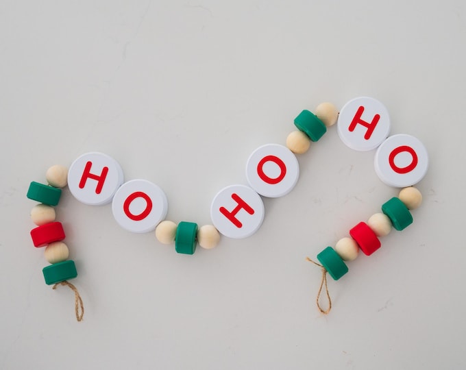 Ho Ho Ho Garland | Friendship Bracelet | Farmhouse Christmas Wood Bead Garland, Christmas Tiered Tray Decor, Rustic Home Decor
