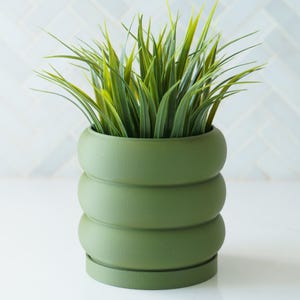 May include: A green ceramic planter with four ridges, featuring a green leafy plant inside.