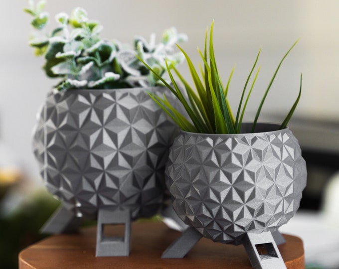Spaceship Earth Inspired Planter - Pot Succulent 3D Printed Silver Geometric Garden Sculpture Modern Decor