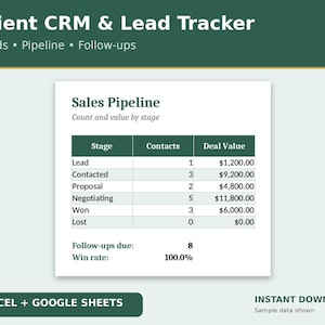 May include: A digital Client CRM & Lead Tracker spreadsheet template for Excel and Google Sheets. The interface displays a Sales Pipeline table with columns for Stage, Contacts, and Deal Value, listing categories like Lead, Contacted, Proposal, Negotiating, Won, and Lost, plus summary metrics for follow-ups and win rate.