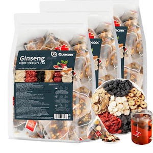 Könnte beinhalten: Ginseng Eight Treasure Teebeutel in transparenter Verpackung, mit einer Vielzahl von getrockneten Zutaten sichtbar. Eine Tasse Tee wird mit dem Teebeutel-Etikett gezeigt. Die Verpackung enthält die Marke "Gudcoix".